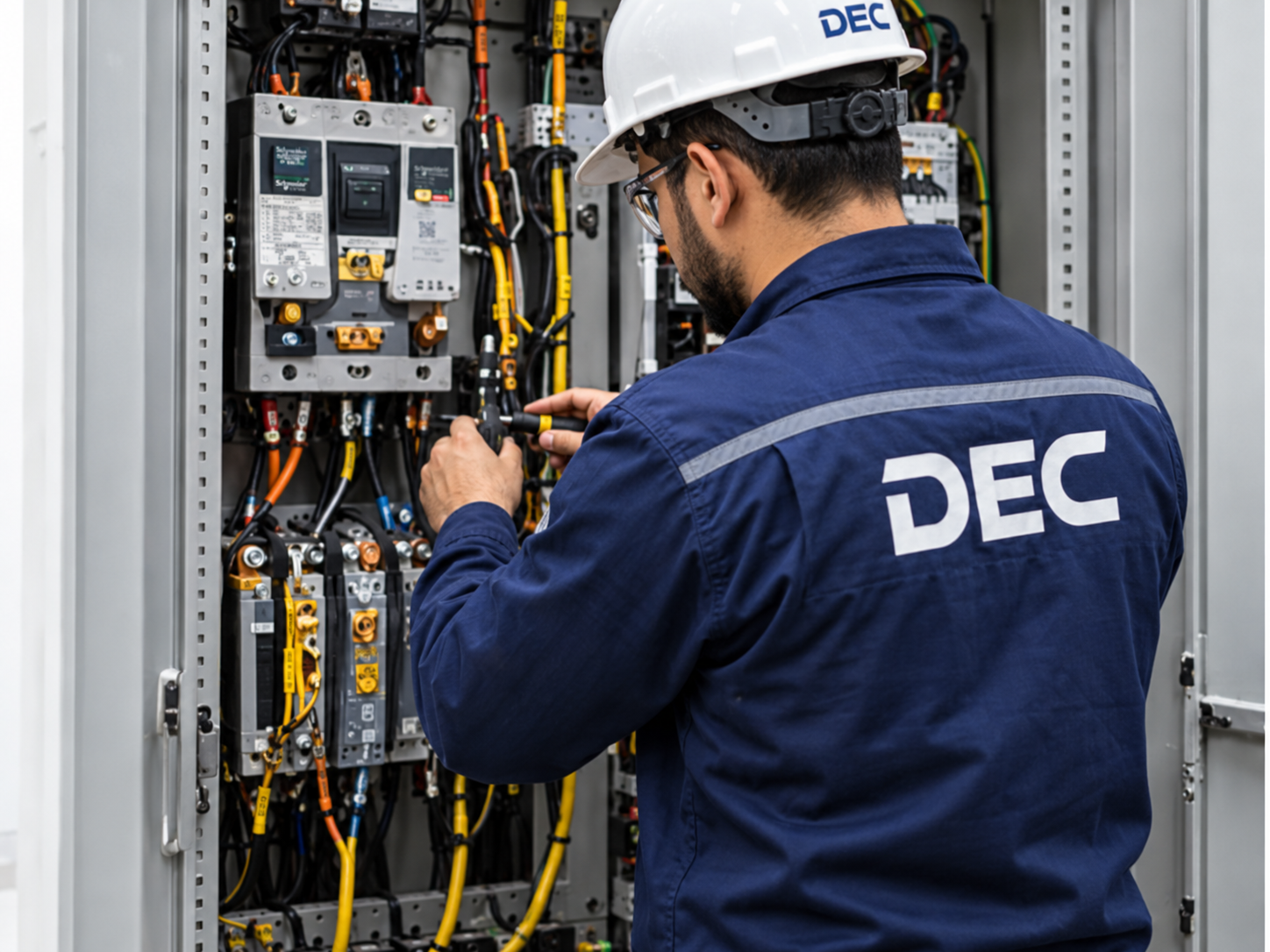 DEC technician working with industrial electrical equipment