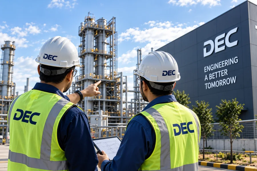 DEC engineers overlooking an industrial plant with the DEC facility behind them